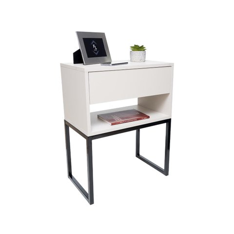 Mesa de Cabeceira Eco Industrial 40cm Off White Gaveta Superior Pés Ferro Preto para Quarto Cama