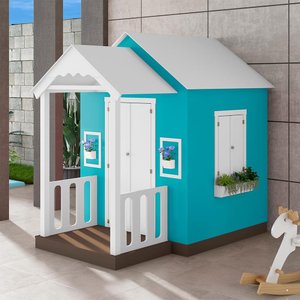 Casinha de Brinquedo Artesanal com Varanda MDF Branco/Azul Turquesa - Criança Feliz Casinha com Vara
