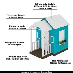 Casinha de Brinquedo Artesanal com Varanda MDF Branco/Azul Turquesa - Criança Feliz Casinha com Vara - 4