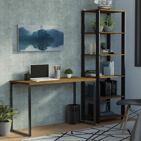 Conjunto Escritório Home Office com Mesa Industrial + Estante Preto/rustic Madesa