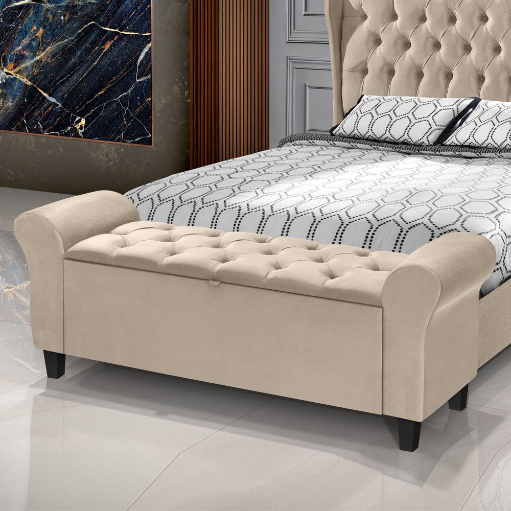 Recamier Baú Calçadeira para Cama Box Queen 150 Cm Dubai Suede Cappuccino - Lh Móveis