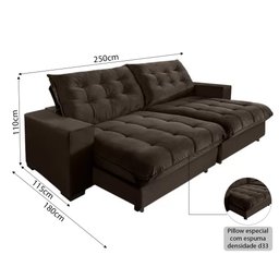 Sofá Califórnia Retrátil e Reclinável 5 Lugares 2,50m com Molas Ensacadas e Pillow Marrom - 3