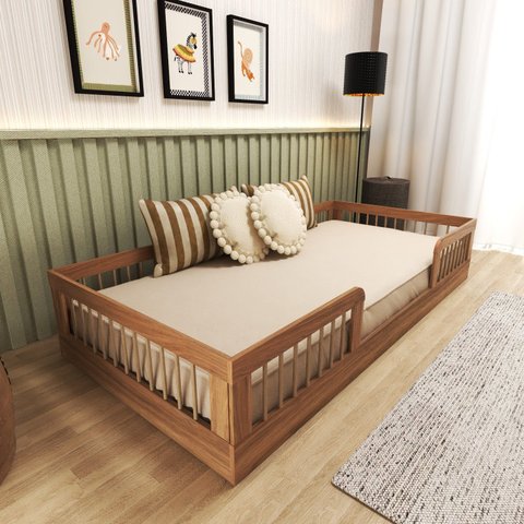 Cama Infantil Montessoriana Solteiro com Grades em Pinus Lume