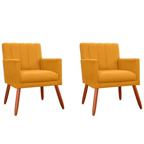 Kit 2 Poltronas Decorativa Cecília Couro Amarelo Pés Madeira Ms Decor