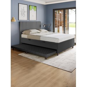 Base Cama Baú Casal com Cama Auxiliar C/colchão Conjugado Corino Preto - Skybox