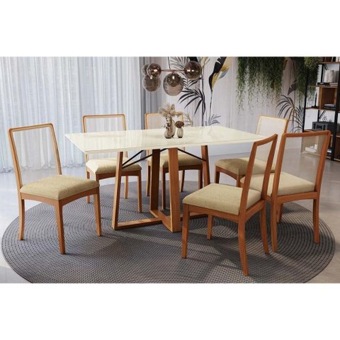 Mesa Cozinha Elma Premium Madeira Maciça C/ Tampo Madeirado C/ Vidro 160x90cm e 6 Cadeiras Lara