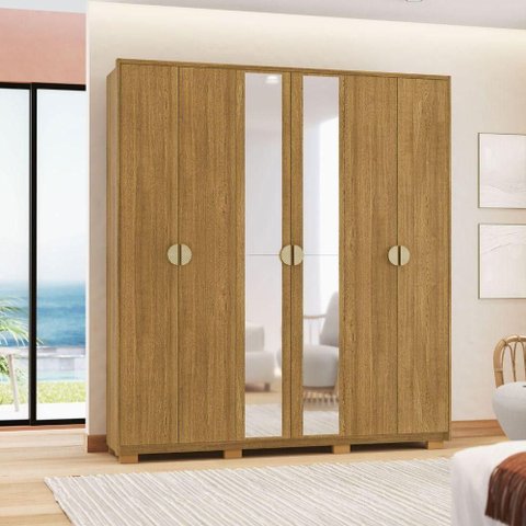 Guarda Roupa Casal Rima 6 Portas de Bater 4 Gavetas MDF Nature Vila Rica 203cm