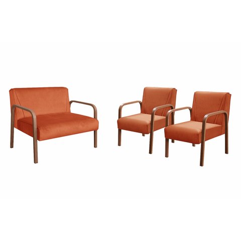 Kit Namoradeira Anita + 2 Poltronas Braço Madeira Decoração Recepção Sala - Veludo Terracota