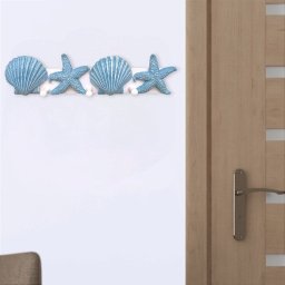 Cabideiro e Porta-chaves Conchas e Estrelas Branco e Azul em Madeira e Resina 39x9,5x5,5 Cm - 2