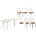 Ver imagem 1 de Conjunto: Mesa de Cozinha Elba Tampo Madeirado C/ Vidro 160cm e 6 Cadeiras Noruega Cromada/off White