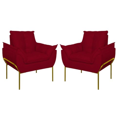 Kit 02 Poltronas Base Metal Dourada Sala Quarto Balaqui Decor Cor:vermelho