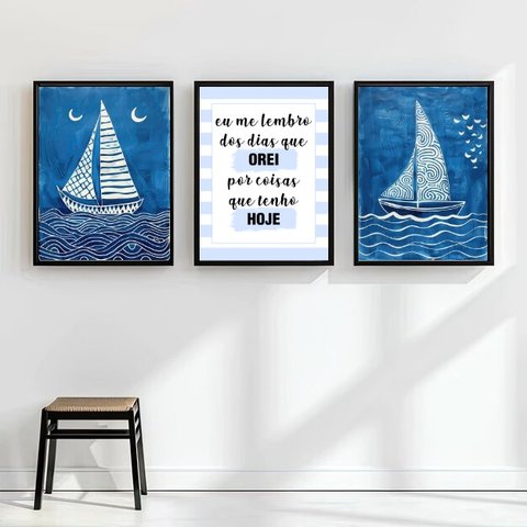 Kit 3 Quadros Arte Nautica Azul - Cristão 45x34cm - com Vidro:moldura Branca