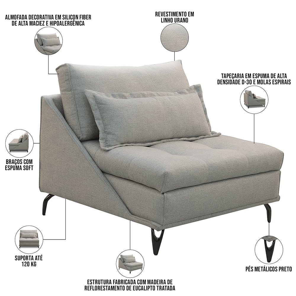 Sofá Chaise Longue para Sala Living Abby T03 Linho Urano - Lyam Decor - 3