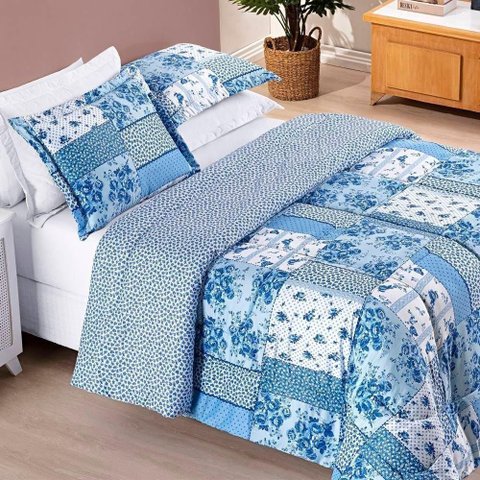 Edredom 2,60m X 2,40m + Jogo de Cama Bouti Estampado King 06 Peças 100% Poliéster - Azul Sereno