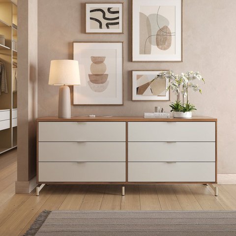 Cômoda 6 Gavetas Glow 178cm Canella c/ Off White e Champanhe