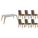 Ver imagem 1 de Sala Jantar Mesa Havana Tampo c/ Vidro Curvo 180cm+6 Cadeiras Dakota Madeira Naturale/Off White -