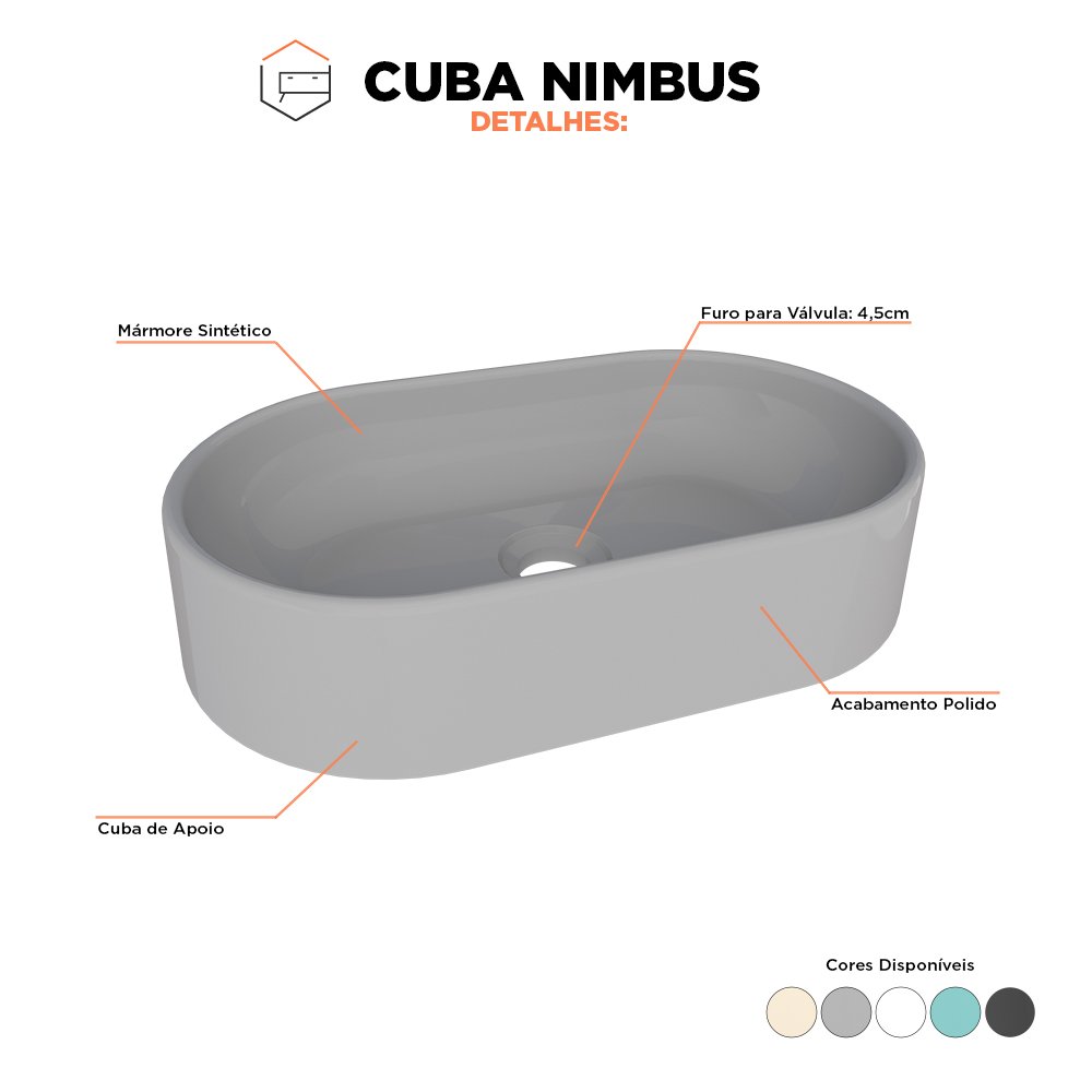 Cuba de Apoio para Banheiro em Mármore Sintético Nimbus Cinza - Cozimax - 3