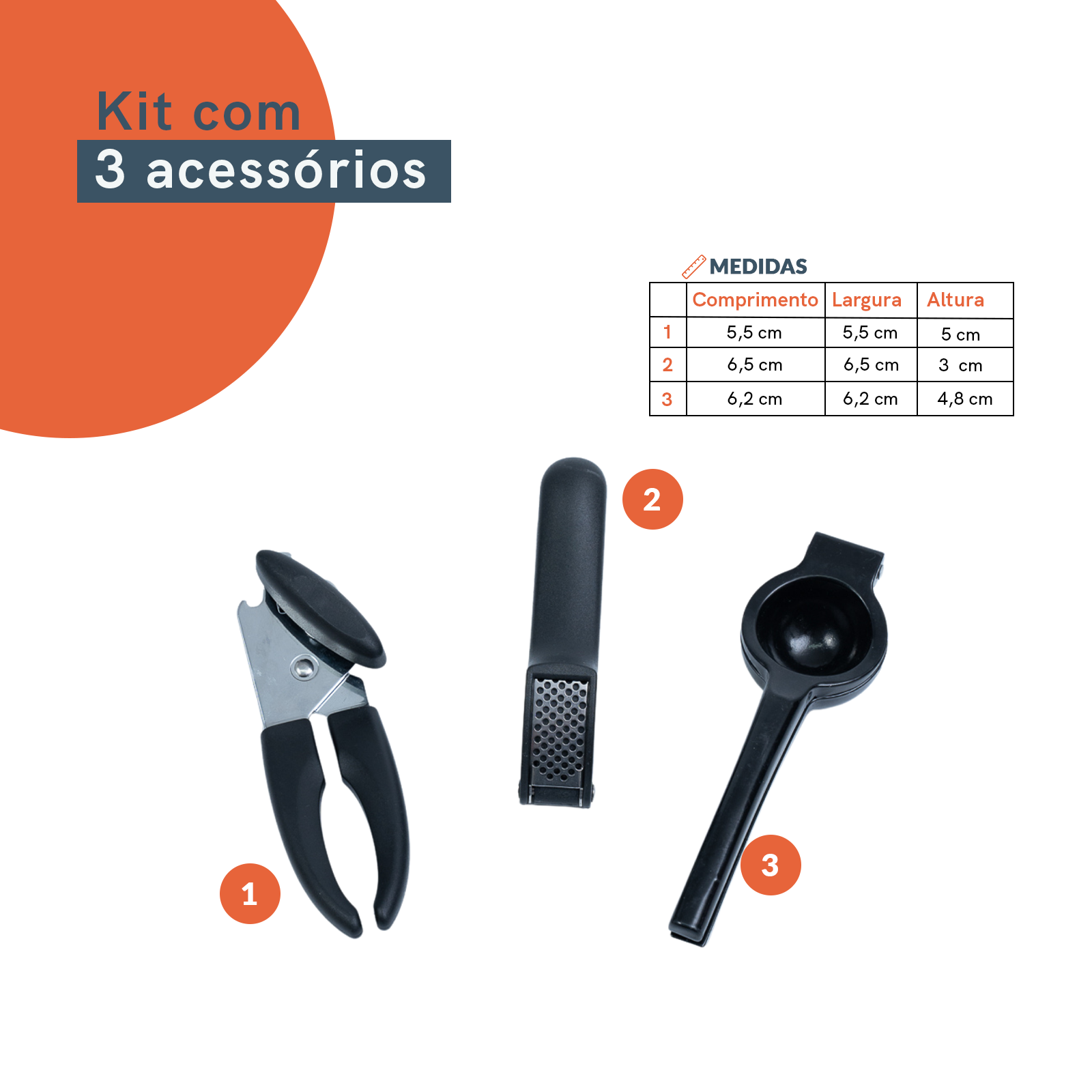 Kit abridor de lata espremedor de alho e limão preto – Oikos - 2