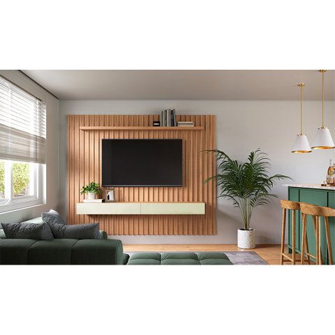 Painel Ripado Mdf para Tv 2,23 X 1,83m com Luzes Led Tb182l Pradel Móveis-freijó/off White