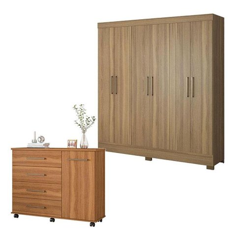 Cômoda Flora e Guarda Roupa Casal Prático Amêndola Touch - Demóbile