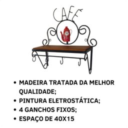 Cantinho do Café Prateleira Artesanal em Ferro e Madeira com 4 Ganchos 40x15:laranja - 3