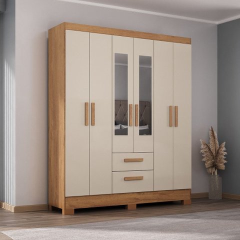 Guarda Roupa Casal com Espelho 6 Portas Fortaleza Canelato com Off White Atualle