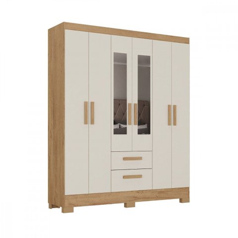 Guarda Roupa Casal com Espelho 6 Portas Fortaleza Canelato com Off White Atualle