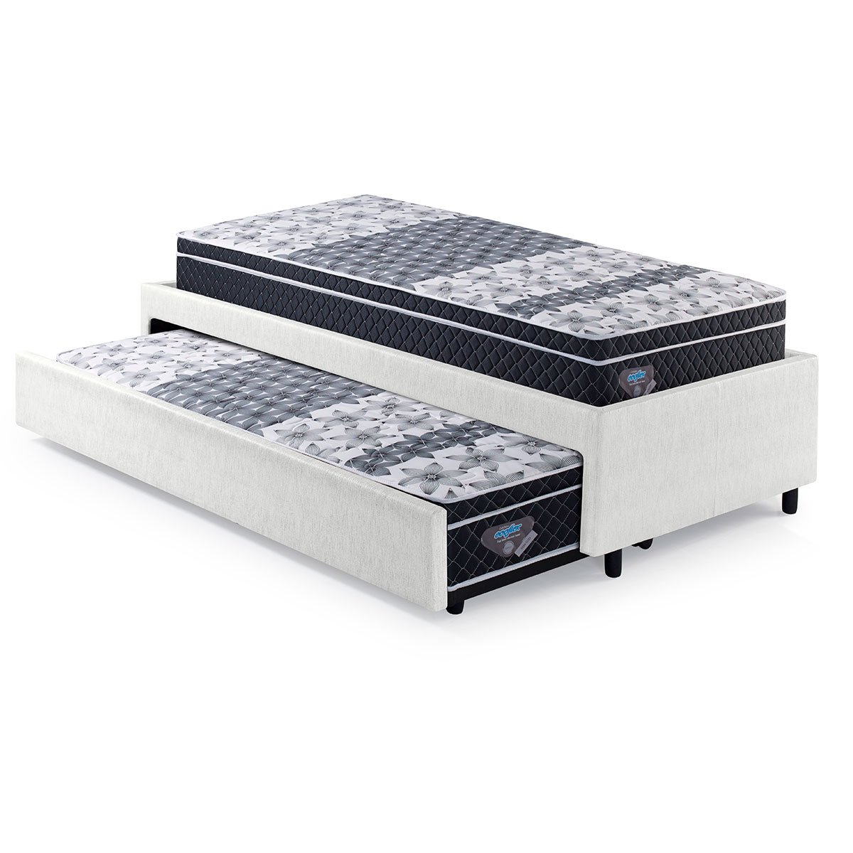 Bicama Box Solteiro Courino Linho Branco 88x188 com Dois Colchões Gransleep Molas Verticoil Ecoflex - 1