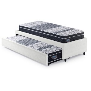 Bicama Box Solteiro Courino Linho Branco 88x188 com Dois Colchões Gransleep Molas Verticoil Ecoflex
