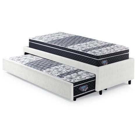 Bicama Box Solteiro Courino Linho Branco 88x188 com Dois Colchões Gransleep Molas Verticoil Ecoflex