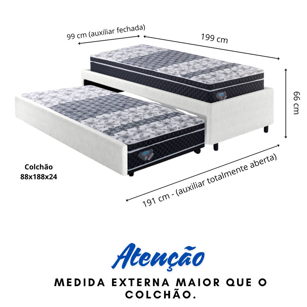 Bicama Box Solteiro Courino Linho Branco 88x188 com Dois Colchões Gransleep Molas Verticoil Ecoflex - 2