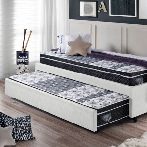 Bicama Box Solteiro Courino Linho Branco 88x188 com Dois Colchões Gransleep Molas Verticoil Ecoflex