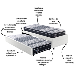 Bicama Box Solteiro Courino Linho Branco 88x188 com Dois Colchões Gransleep Molas Verticoil Ecoflex - 7