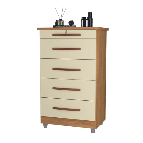 Cômoda para Quarto com Chave 5 Gavetas Emas Primus:Pérola/Mel