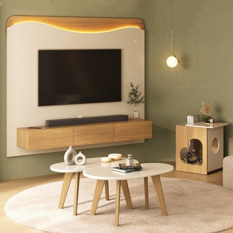 Conjunto 3 Peças Sala Estar Apoio Pet Mesa de Centro Orgânica e Painel Lumiere Bege Carvalho/Off White