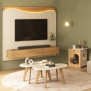 Ver imagem 1 de Conjunto 3 Peças Sala Estar Apoio Pet Mesa de Centro Orgânica e Painel Lumiere Bege Carvalho/Off White
