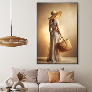 Quadro Feminino Mulher e Suas Poses Chapéu e Bolsa Sala Quarto Casa Escritório
