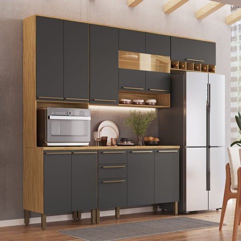 Cozinha Compacta Modulada 4 Peças 11 Portas com Vidro e Tampo 266cm 100% MDF Itália Espresso Móveis Cinza/Amêndoa/Chumbo