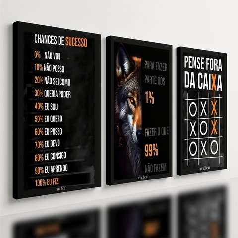 Kit3 Quadro Decorativo Frase Motivacional Escritório Sucesso Qualidade Premium 28x20cm