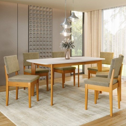 Conjunto Sala de Jantar Siera 6 Lugares Retangular Madeira Maciça Miami Natural/Cerejeira/Castor