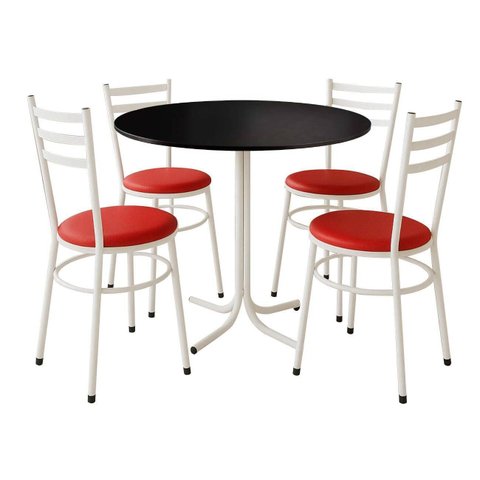 Mesa de Jantar Redonda 80cm Preta com 4 Cadeiras Estofada Branca