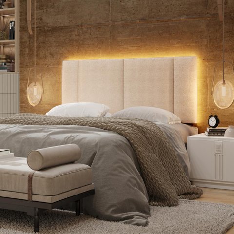 Cabeceira Casal Estofada com Led - Boucle Bege