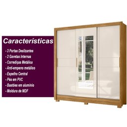 Guarda Roupa Bahamas 202cm 3 Portas Freijó Off White com Espelho Moval - 5