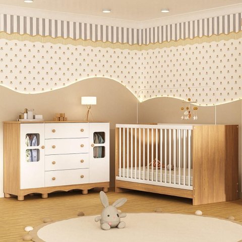 Berço 3 em 1 para Colchão 130x60cm com Cômoda 2 Portas 4 Gavetas Luna Multimóveis Mp4750