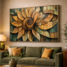 Quadro Abstrato Mandala de Girassol Ancestral Efeito Madeira 93x63 - 2