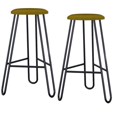 Kit 02 Banquetas Baixa Bar Cozinha Sala de Jantar Áris C01 Preto Linho Mostarda - Lyam Decor