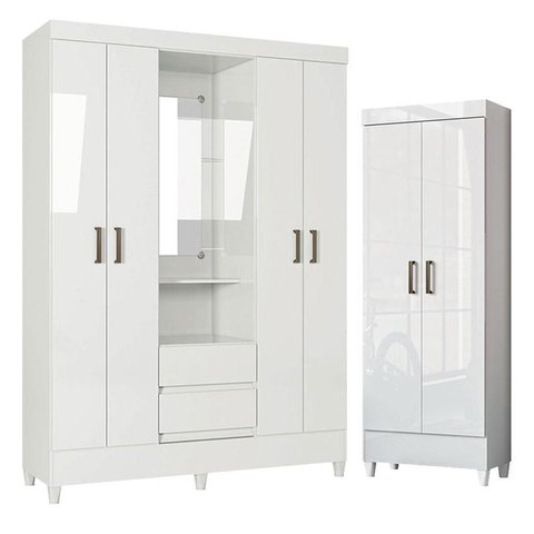 Guarda Roupa Solteiro 4 Portas com Pés Capelinha Fit e Armário Multiuso Fit Branco Brilho-santos And