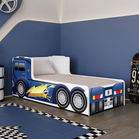 Cama Caminhão Solteiro Infantil Juvenil com Cabeceira Peseira Estampadas para Quarto Menino - Azul