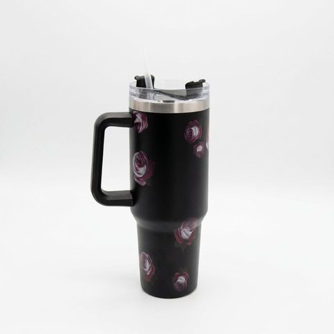 Copo Térmico Ms-931 1200ml com Estampas Florais - Aço Inox com Tampa Emborrachada:Floral Preto