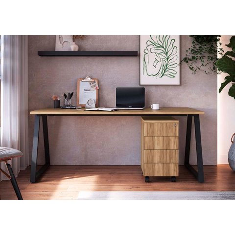 Mesa Escrivaninha 160cm C/ Gaveteiro Home Office Nogal/preto